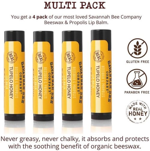 Savannah Bee Company Beeswax Lip Balm - Natural Tupelo Honey, 0.15-Ounce (Pack of 4)