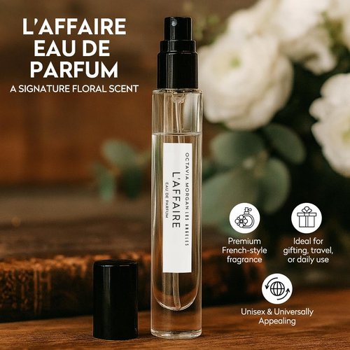 OCTAVIA MORGAN L’AFFAIRE Eau de Parfum - Floral Sweet Fragrance with Jasmine, Saffron, Amberwood & Vegan Ambergris - Travel Size Clean, Vegan & Long-Lasting Spray Perfume for Women & Men - 10ML
