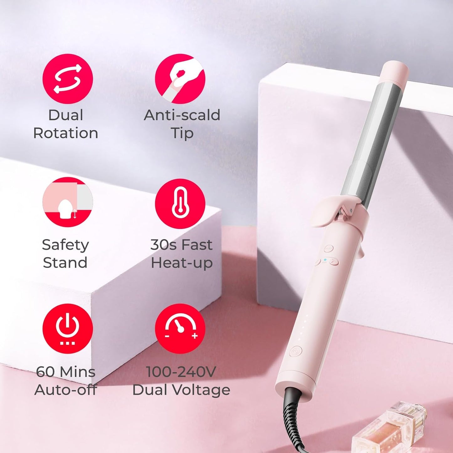 TYMO ROTA Automatic Curling Iron - 1-Inch Ceramic Curling Wand for Beach Waves, 5 Heat Settings, Pink