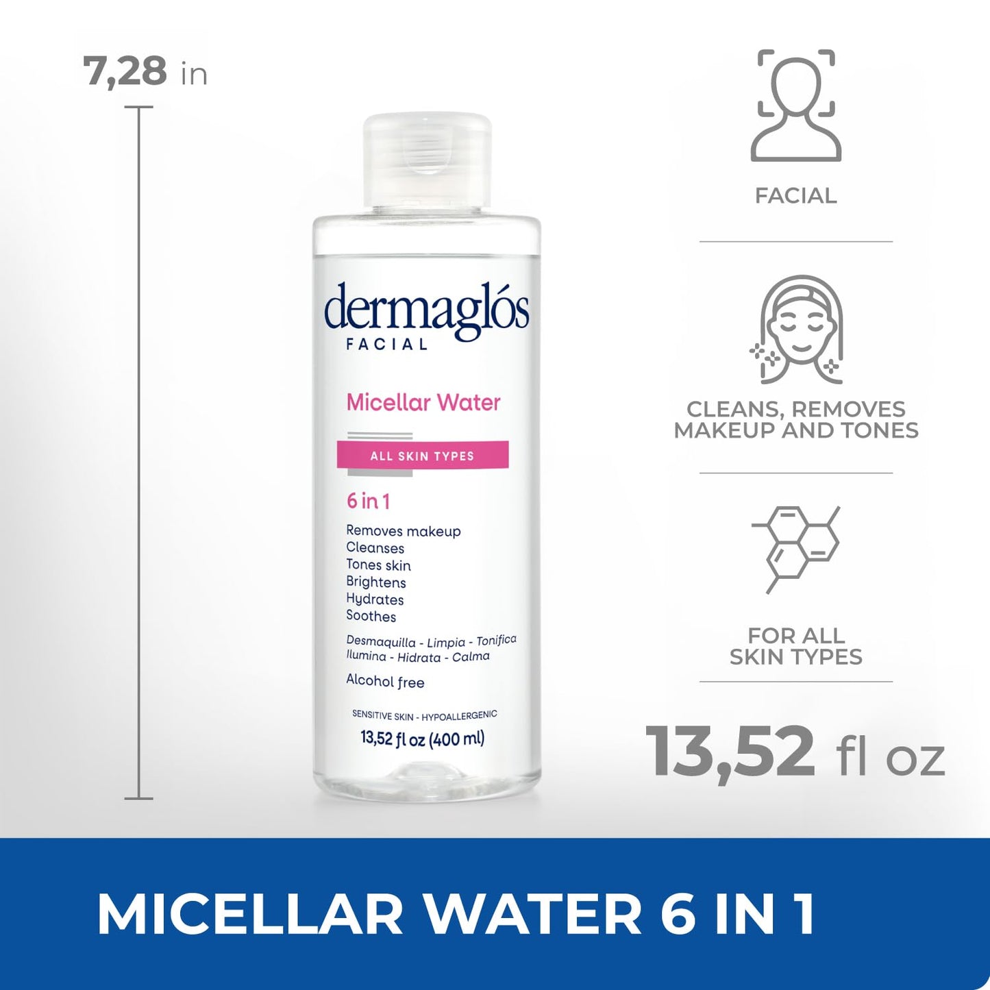 Dermaglos Micellar Water - All-In-One Hydrating Facial Cleanser & Makeup Remover | 13.52 Fl Oz, Alcohol-Free, Soothing Formula