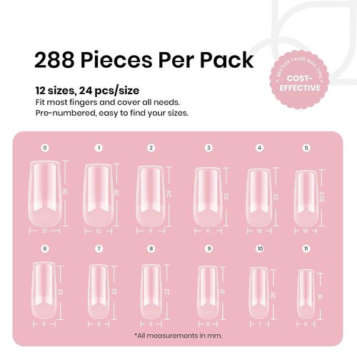 Beetles Gel Nail Tips Etch-X, Square Medium, 288Pcs 12 Sizes, Pre-Etched Half Matte Soft Acrylic False Nail Tips Full Cover Easy DIY Fake Press On Nail Extension Salon Gift for Women