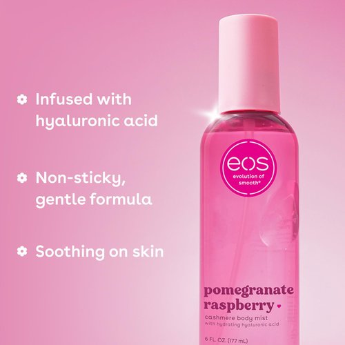 eos Cashmere Body Mist, Pomegranate Raspberry, Body Spray for Women, Hair Mist, Fruity, Moisturizing, Hyaluronic Acid, Glycerin, Vegan, Cruelty-free, 6 fl oz