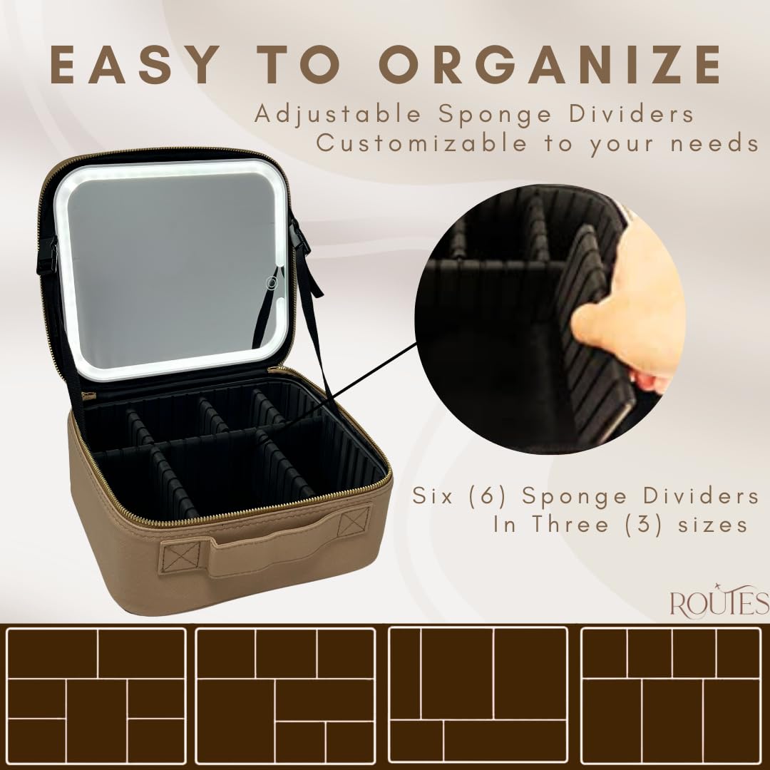 Travel Makeup bag with removable lighted mirror, Professional vanity light up station, Portable cosmetic case with adjustable compartments organizer, waterproof traveling accessories, Tan train case