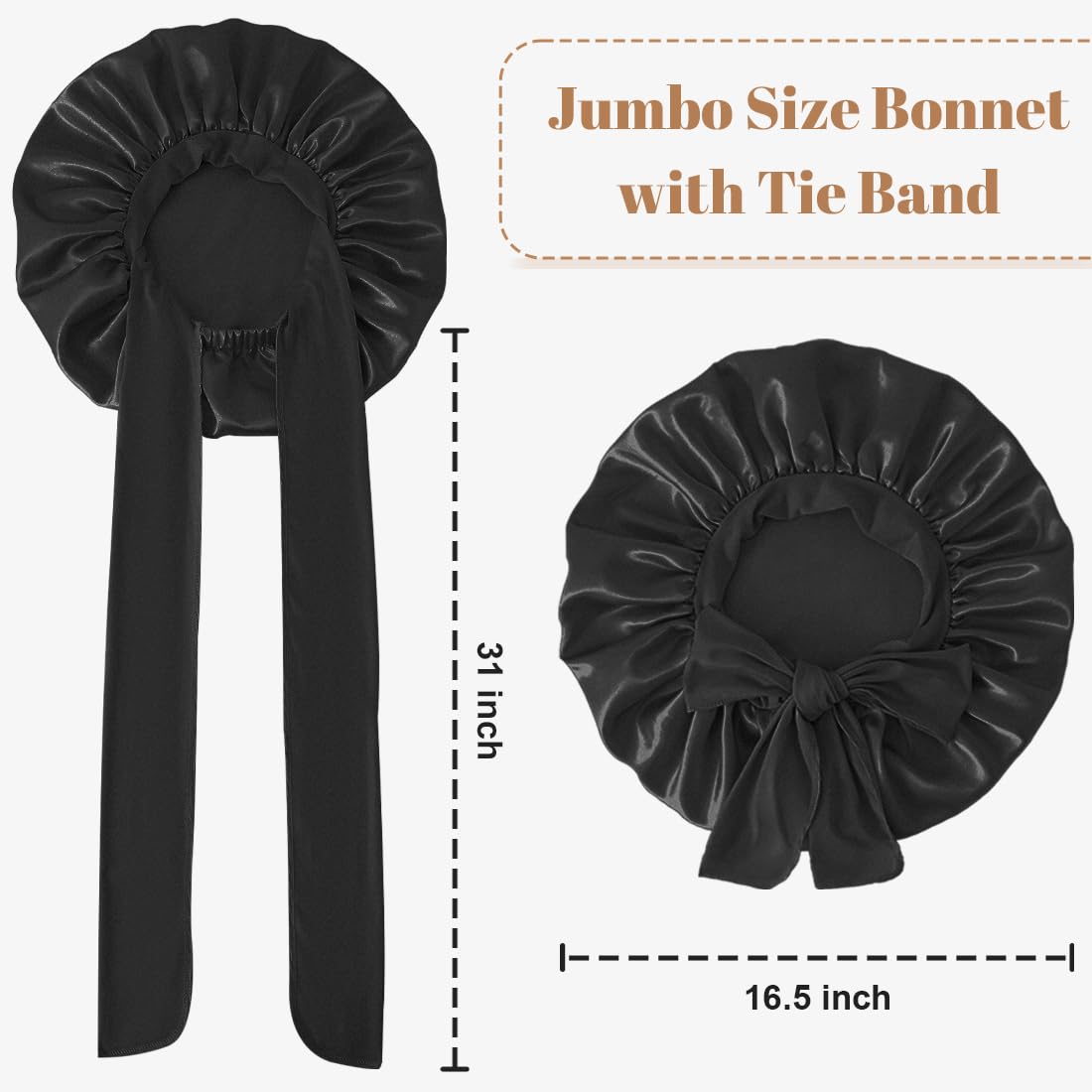 KEPUWAY 10 PCS Bonnet, Satin Sleep Bonnet for Women with Wide Elastic Tie Band, Large Capacity Hair Bonnets for Sleeping, Large Satin Bonnet for Sleeping (Black)