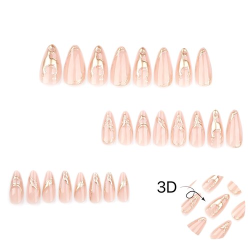 Gold Press On Almond False Nails - Medium Fake Nails with 3D Gold Chrome Design - Glossy Full Cover Stick On Press Ons for Women - 24 Pcs
