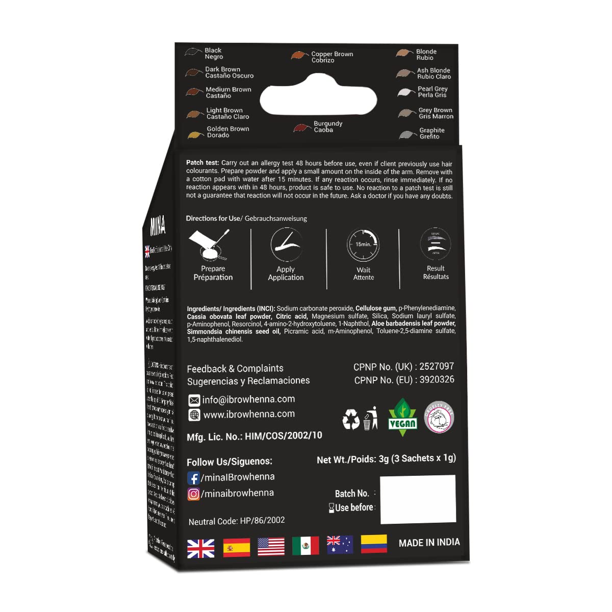 MinaiBrow Black Natural Spot Coloring Powder with Brush | Water & Smudge Proof Instant Brow Dye, 100% Gray Converge