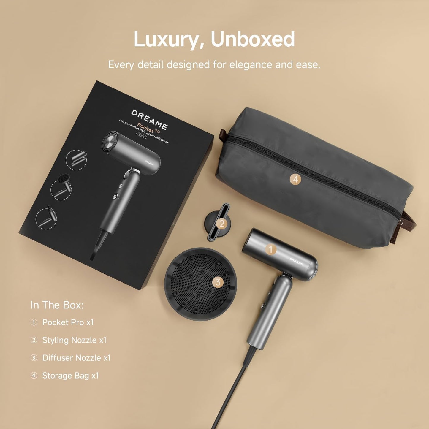 Dreame Pocket Pro Hair Dryer - 1300W Dual Voltage Travel Blow Dryer with Diffuser | Fast Drying, Low Noise