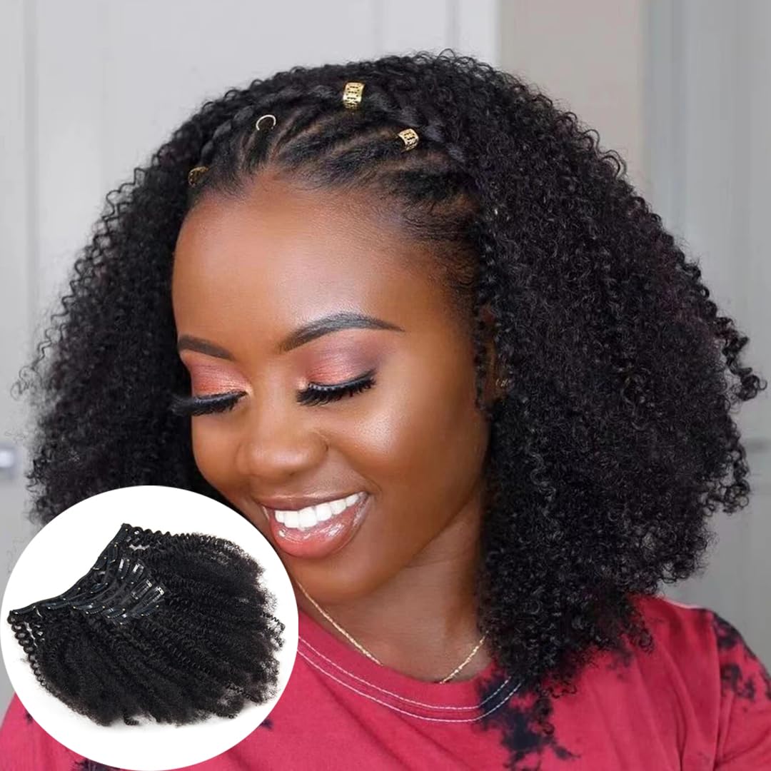 SAEIALL Hair Mongolian Afro Kinky Curly Clip In Hair Extensions 120g/bundle Clip On Hair Mongolian Virgin Remy Human Hair 4C Afro Kinky Clip Ins (8inch, natural black)
