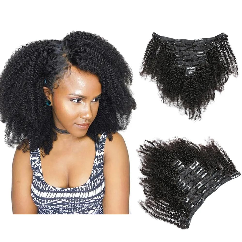 SAEIALL Hair Mongolian Afro Kinky Curly Clip In Hair Extensions 120g/bundle Clip On Hair Mongolian Virgin Remy Human Hair 4C Afro Kinky Clip Ins (8inch, natural black)