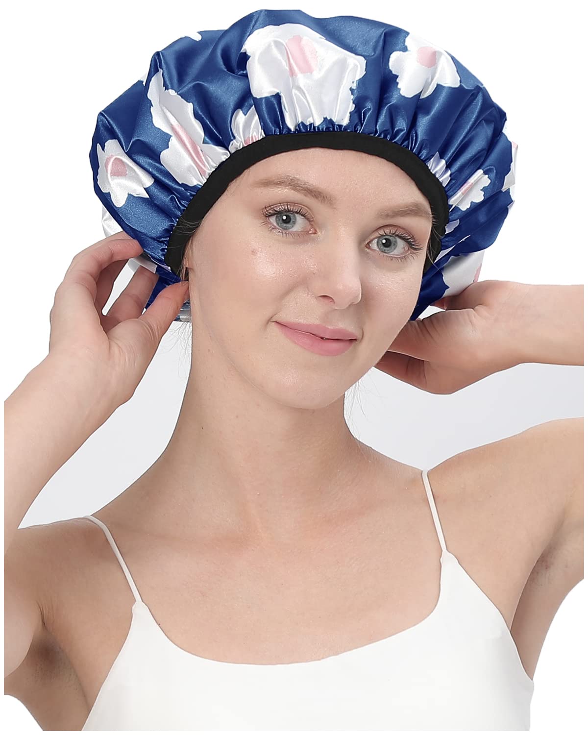 YIZIJIZI Waterproof Shower Cap - Triple Layer Design for Long Thick Hair | Reusable & Stylish (Blue)