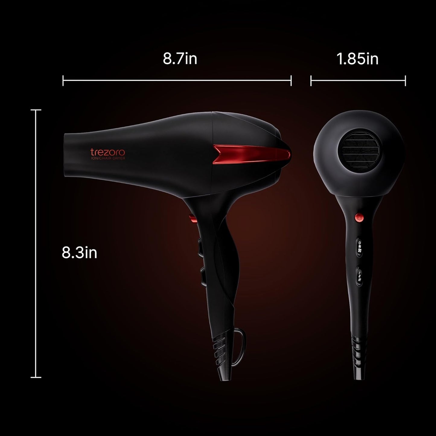 TREZORO Professional Hair Dryer - Ionic Ceramic Tourmaline Technology, 2000W, Fast & Quiet | Black with Nozzles
