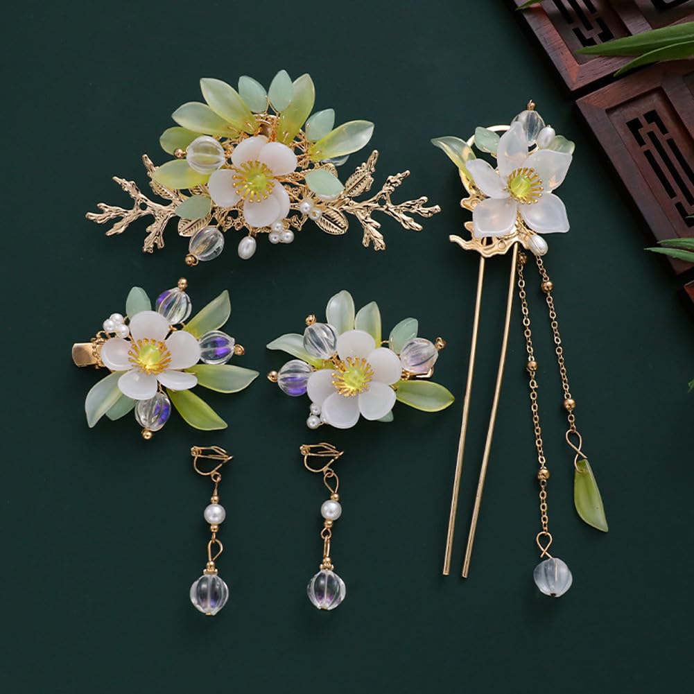 5 Pcs Flower Chinese Tassel Hair Stick Crystal Pearl Hanfu Hair Pins Classical Floral Bride Wedding Accessories for Women