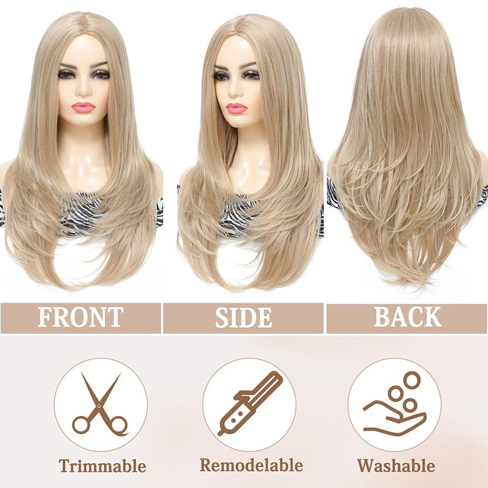 COSYMAY Blonde Wig for Women Long Synthetic Wig with Wavy Ends 22'' Natural Wave Cosplay Wig Glueless Heat Resistant Costume Wig Daily Wear Middle Part Full Wig