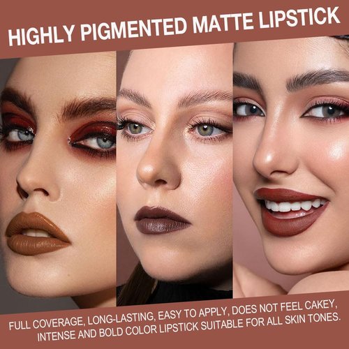 evpct 3Pcs Warm Brown Maroon Dark Wine Red Gradient Matte Lipstick Lip Liner Crayon Combo Pencil Set for Women Long Lasting, Cream Lip Liner and Lipstick Combo Makeup,Flawless Gradual Ombre Effect
