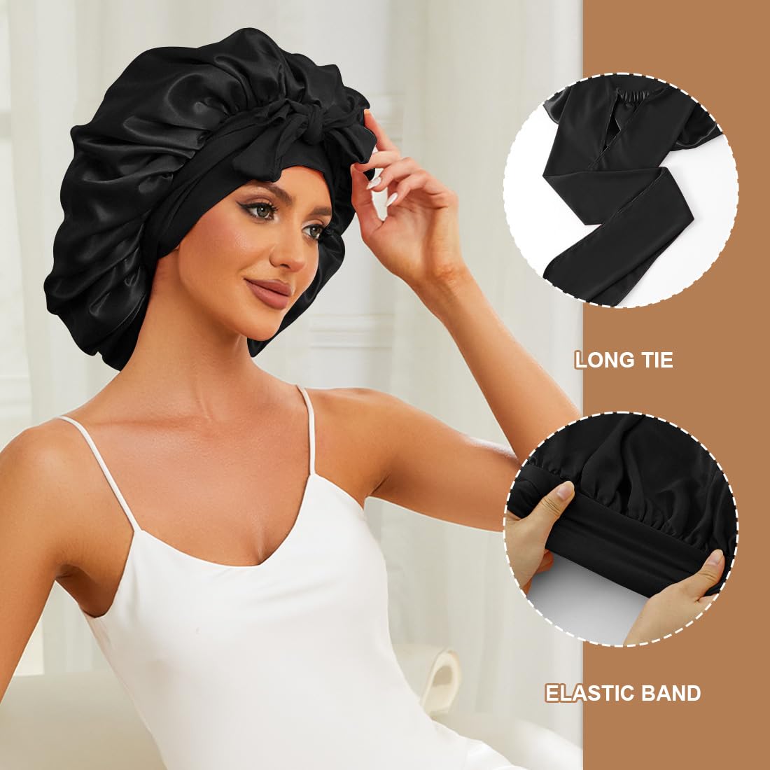 KEPUWAY 10 PCS Bonnet, Satin Sleep Bonnet for Women with Wide Elastic Tie Band, Large Capacity Hair Bonnets for Sleeping, Large Satin Bonnet for Sleeping (Black)