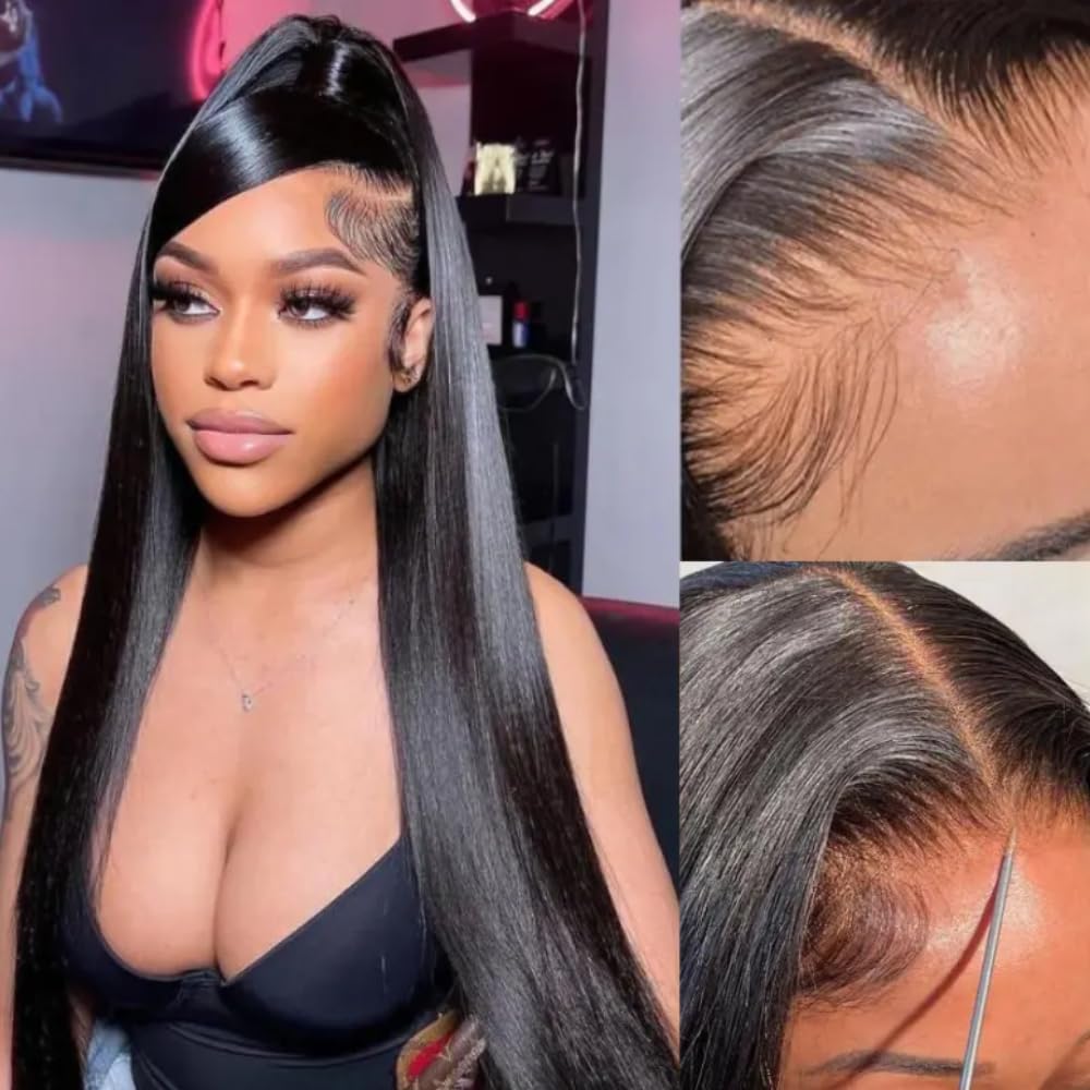 ANDRIA 13x4 HD Lace Front Wigs 32 Inches Straight Hair Glueless Lace Wigs Synthetic Long Silk Straight Natural Wig Heat Resistant Fiber Natural Black Hairs Wig With Baby Hair For Black Women