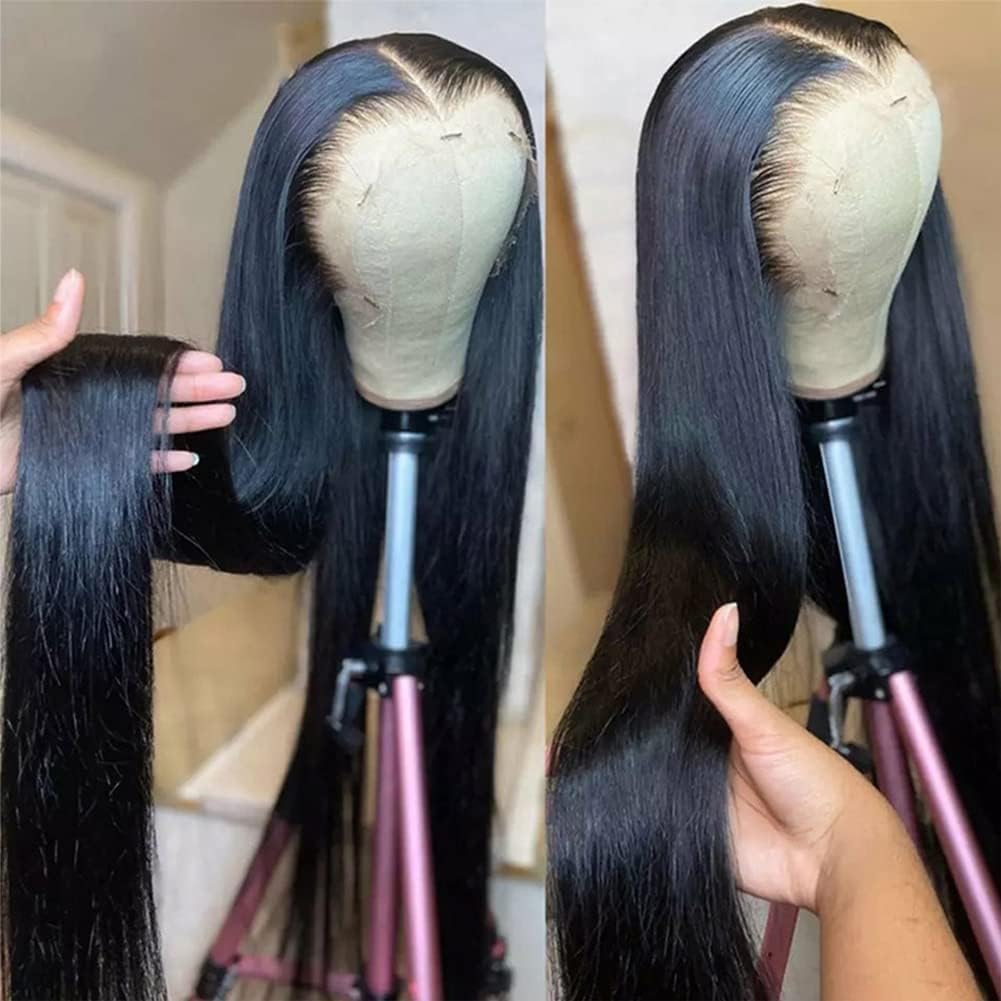 ANDRIA 13x4 HD Lace Front Wigs 32 Inches Straight Hair Glueless Lace Wigs Synthetic Long Silk Straight Natural Wig Heat Resistant Fiber Natural Black Hairs Wig With Baby Hair For Black Women