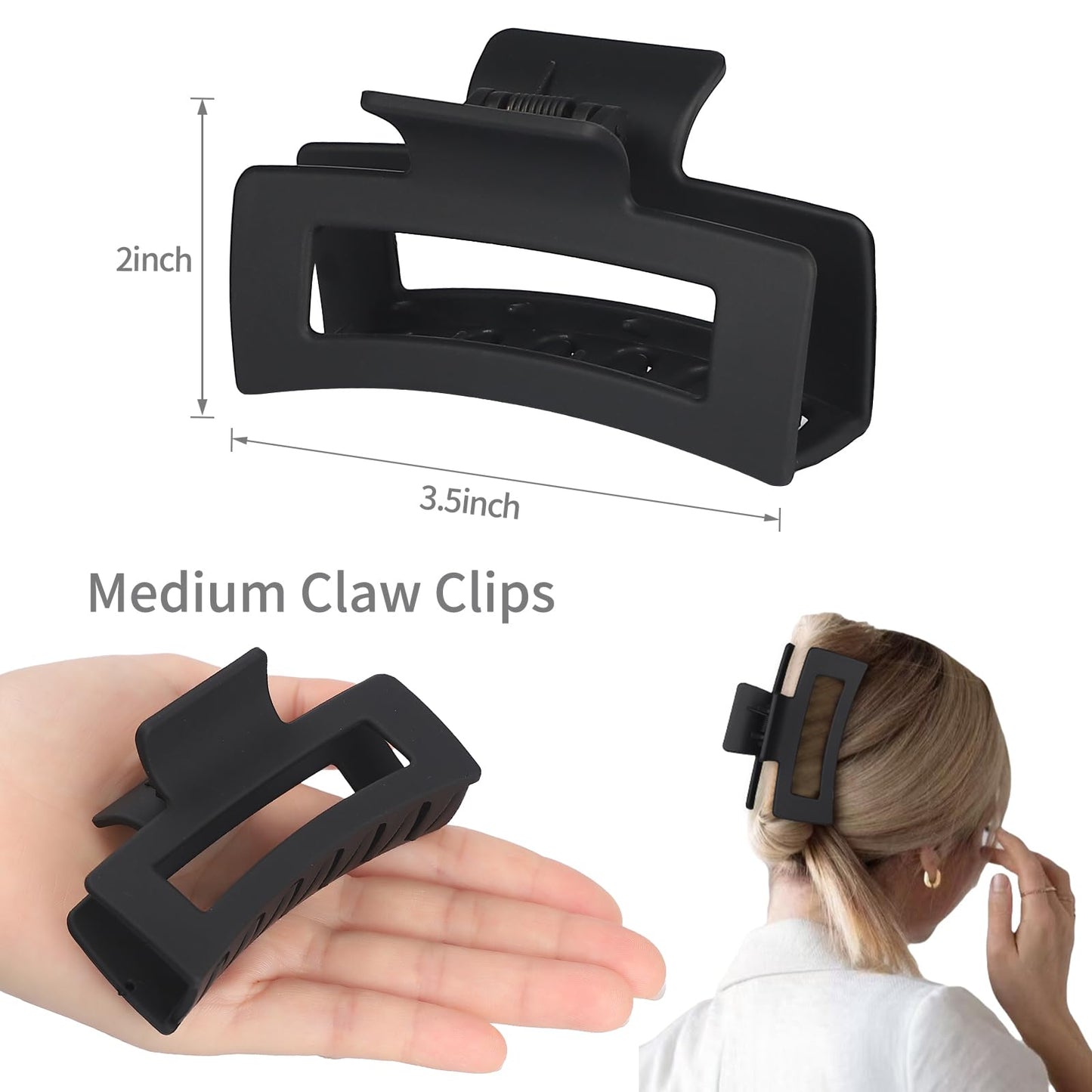 Sisiaipu 3.5 Inch Medium Hair Claw Clips 6 Pack Hair Clips for Women Square Claw Clips Rectangle Clips for Hair Banana Jaw Clips Hair Accessories for Girls -Black