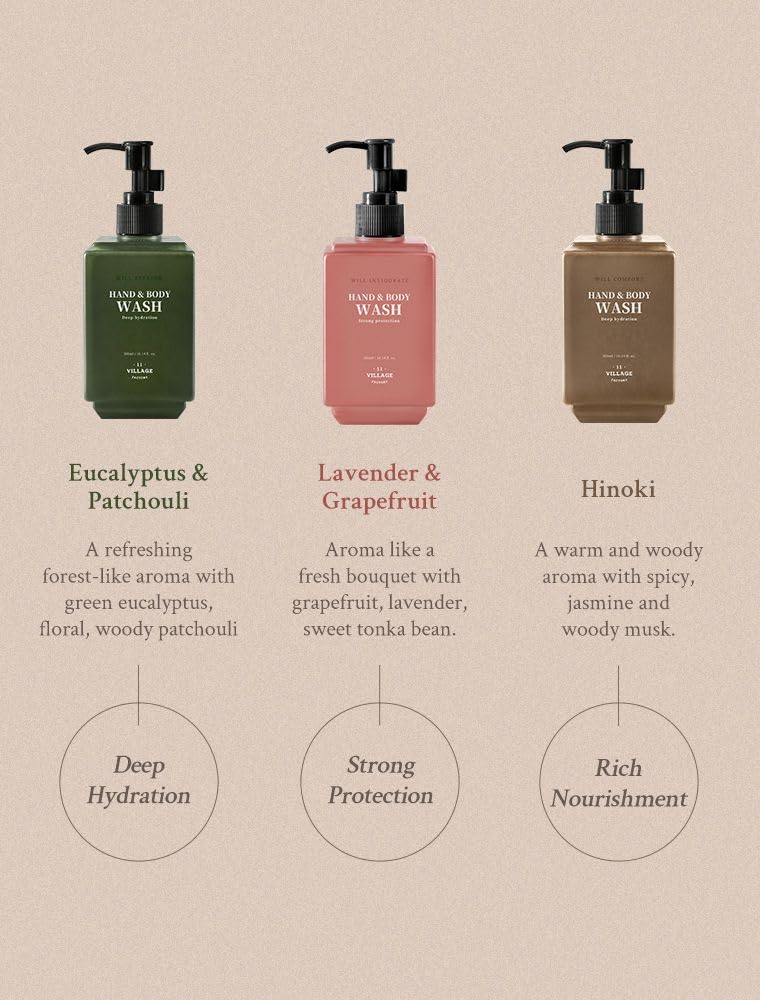 VILLAGE11FACTORY Will Comfort Hand and Body Wash (300ml/10.14 fl.oz.) Korean Body Cleanser Aromatherapy Hinoki Essential Oil Nourishing Shea Butter and Jojoba Oil
