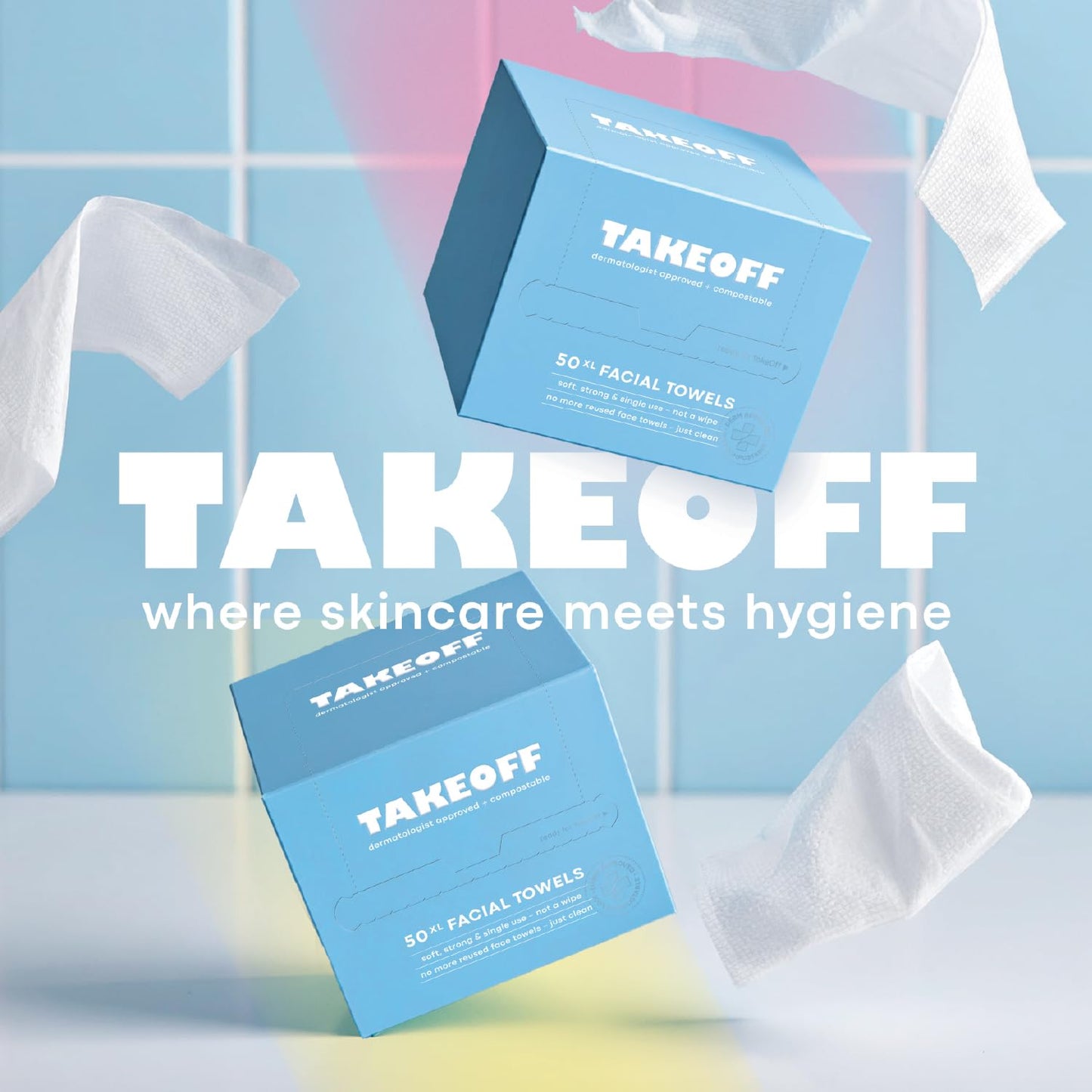 Takeoff Face Towels - XL Disposable Makeup Remover Wipes | Ultra Soft & Compostable, 100 Count