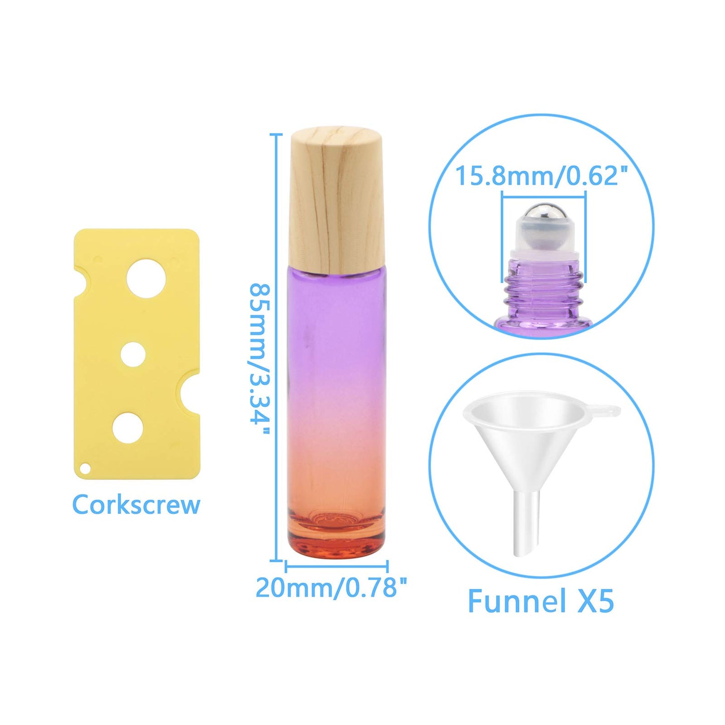 Newzoll 8 Pcs Glass Roller Bottles, 10 ml (1/3 oz) Purple Orange Gradient Roll-on Vials for Essential Oils, Perfume, Lip Balms