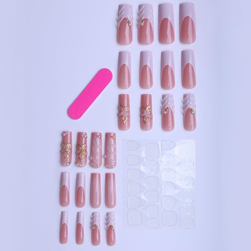 plalely Long Square Press on Nails, Gold Embossed Flowers Acrylic Press on Nails with Cute Pearl Charms Designs,Long Press on Nail for Women 24pcs