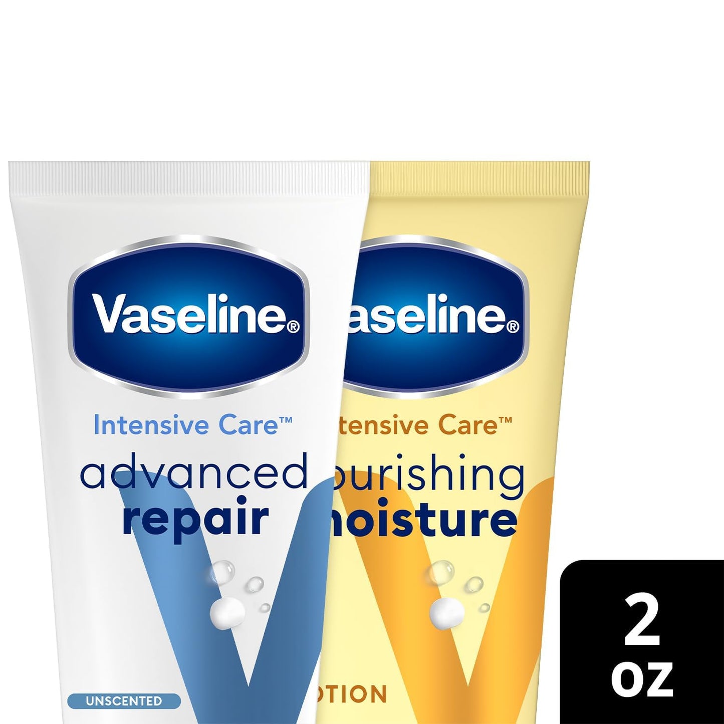 Vaseline Intensive Care Lotion Bundle – Advanced Repair Unscented Lotion & Nourishing Moisture Hand & Body for Extremely Dry Skin, 2 Oz Ea (2 Piece Set)