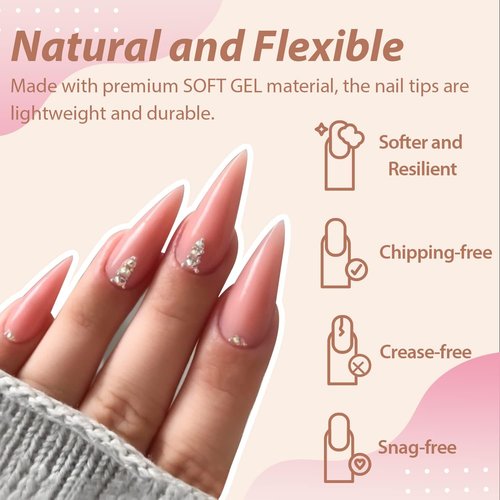 UNA GELLA Long Stiletto Nail Tips 504PCS, Full Cover Pre-Etched Long Stiletto Almond Clear Fake Nails Tips, Sturdy Acrylic Press on Nails, No C Curve Soft Gel Tip for DIY Nail Extension kit 12 Sizes