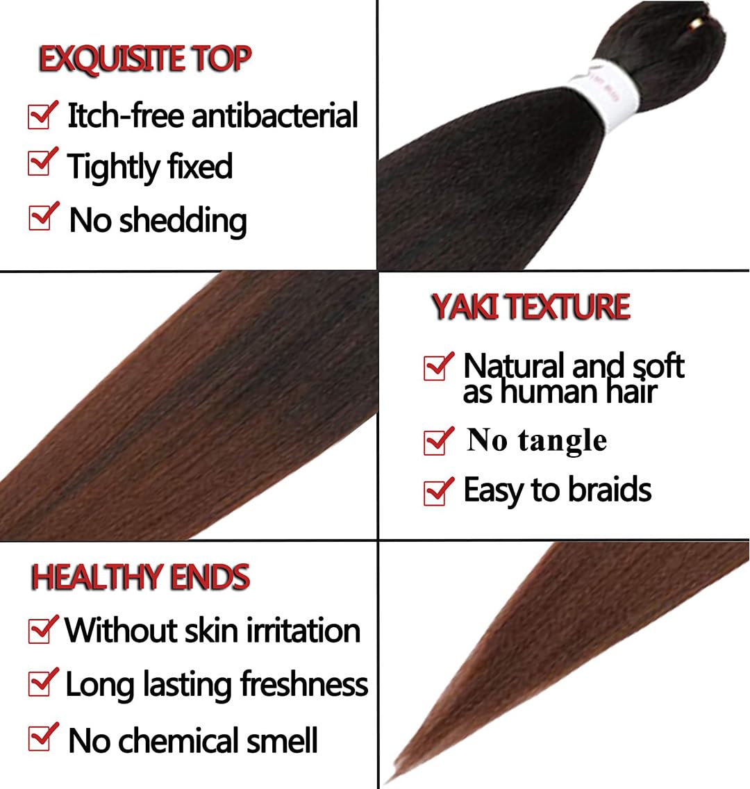 Pre-Stretched Braiding Hair Extension Ombre Natural Black To Brown Crochet Braiding Hair 20 Inch 8 Packs Hot Water Setting Professional Yaki Synthetic Hair For Twist Braids (20Inch,#1B/30)