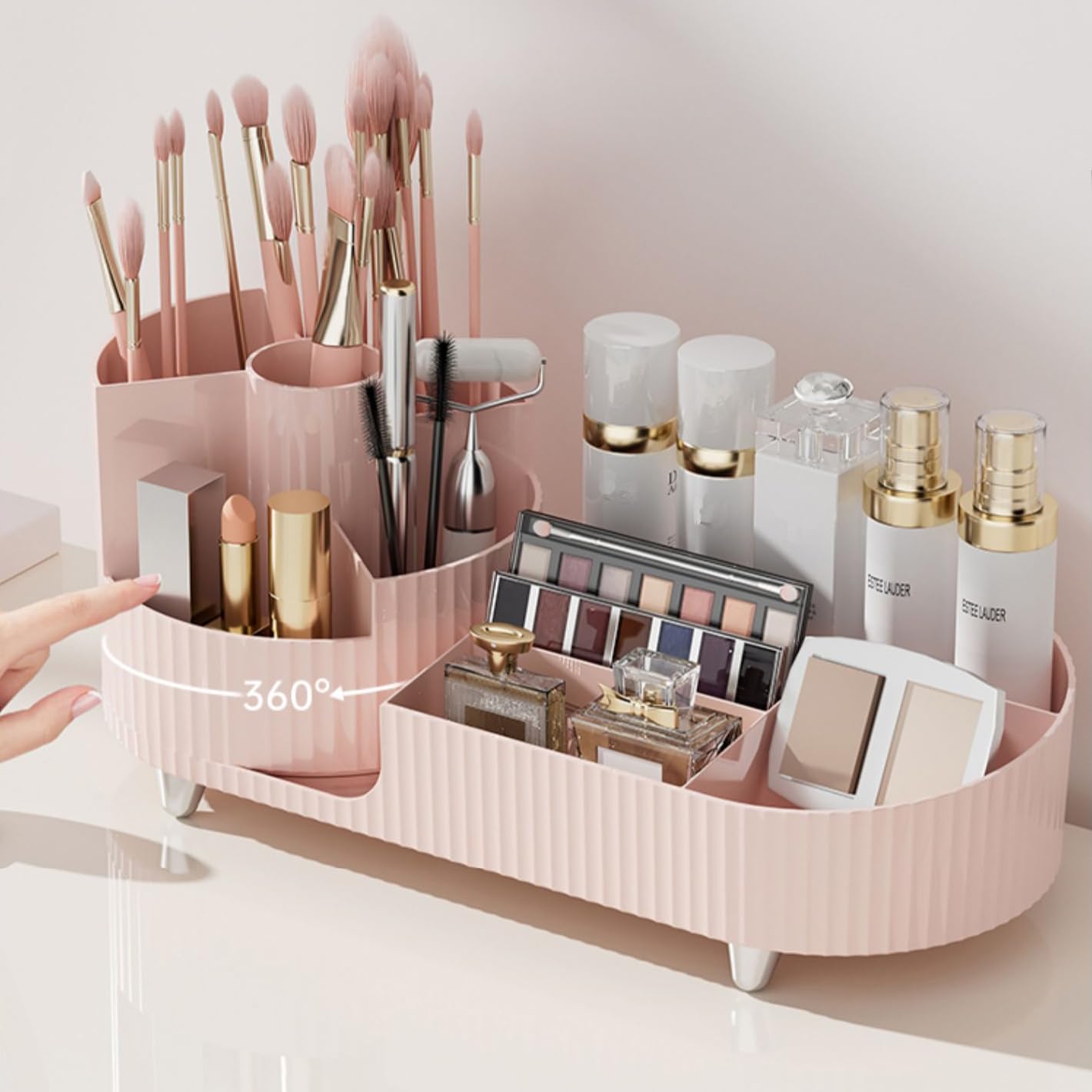 Makeup Organizer Countertop Rotating Makeup Organizer for Vanity Large Capacity Cosmetic Display Case with Makeup Brush Holder Cosmetic Organizer Countertop(Pink)