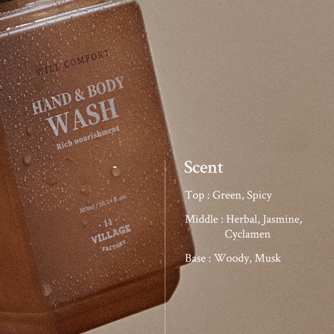 VILLAGE11FACTORY Will Comfort Hand and Body Wash (300ml/10.14 fl.oz.) Korean Body Cleanser Aromatherapy Hinoki Essential Oil Nourishing Shea Butter and Jojoba Oil