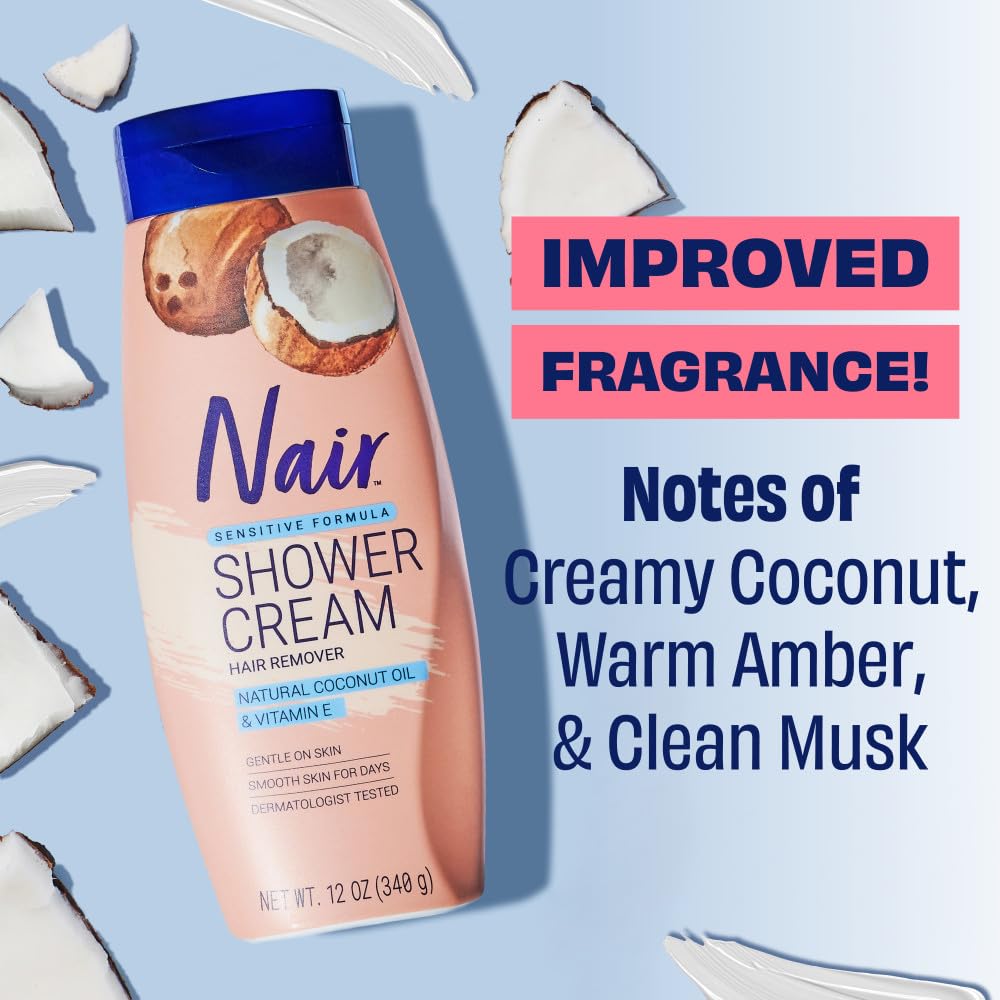 Nair Sensitive Shower Cream Hair Remover with Natural Coconut Oil and Vitamin E, Body Hair Removal Cream for Women, 12 oz