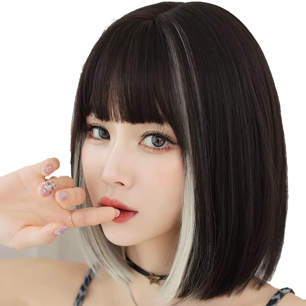 AIKO PRO Korean Fashion 13 Inch Straight Short Bob Wig for Women, Natural Shoulder-Length Straight Synthetic Short Lolita Cosplay Wigs with Bangs For Cosplay and Daily Wear D123 Black & White