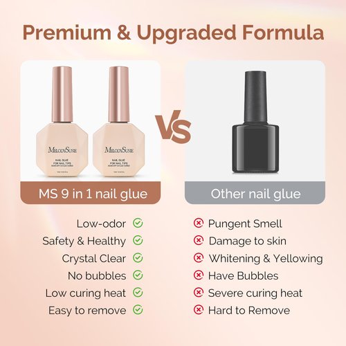 MelodySusie 9 in 1 No TPO Gel Nail Glue for False Nail Tips, Long Lasting UV Light Required,as Base Coat, Apex Building, Blooming & Rhinestone Gel, Stong Adhesion Manicure Kit Salon Home 2Pcs*15ml