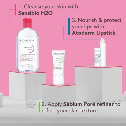Bioderma Sensibio H2O 500ml + Sébium Pore refiner + Atoderm Lipstick - Makeup Essentials Bundle