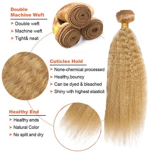 Honey Blonde Kinky Straight Bundles Color #27 Human Hair Bundles Peruvian 8A Virgin Human Hair 3 Bundles 22 24 26 Inch Blonde Kinky Straight Bundles #27 Yaki Bundles