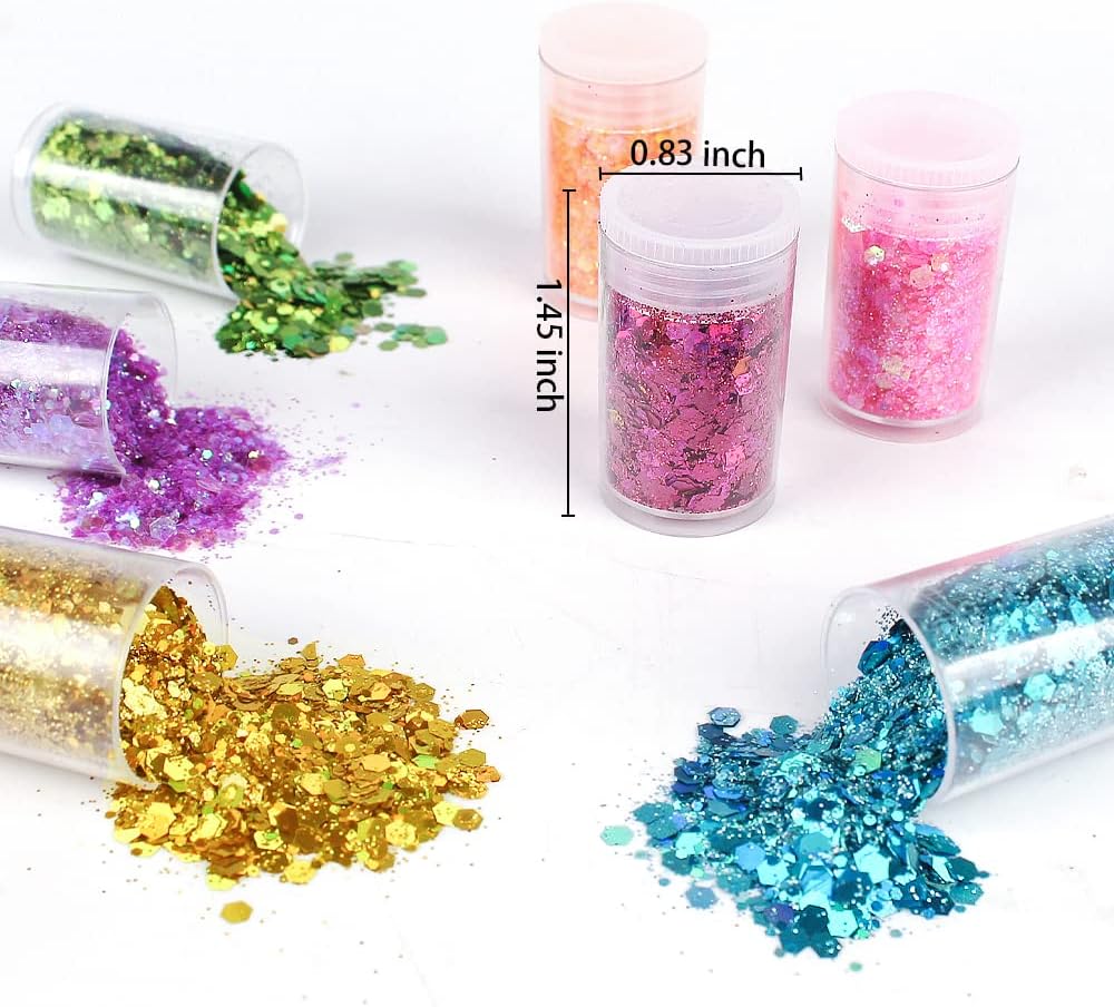 Holographic Chunky Glitter Sequins, 12 Colors Mixed Cosmetic Glitter for Face Body Eye Hair Nail Art Lip Gloss Makeup, Festival Glitter with Different Hexagons Size and Stars (Laser Mix)