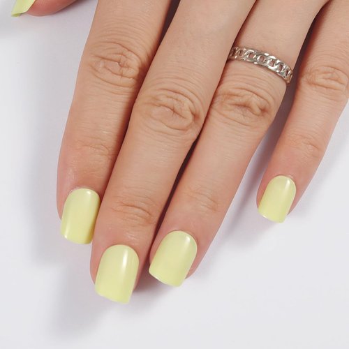 Stbisen Cream Yellow Press On Nails Short, Glossy Soft Gel Press On Nails Square with Nail Glue, 15 Sizes - 30 Fake Nails Kit, Thick Natural Reusable Glue On Nails for Women, Butter Bliss