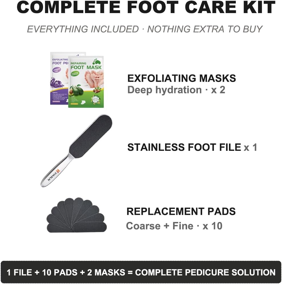 Skiennix Stainless Foot File Callus Remover - 3-in-1 Pedicure Kit with 10 Replacement Pads & 2 Exfoliating Masks
