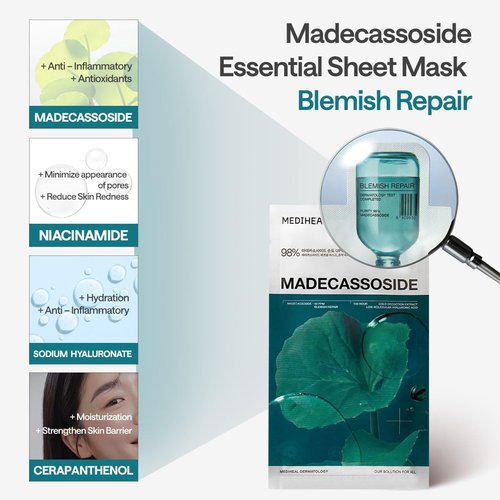 Mediheal Essential Face Mask - Madecassoside Blemish Repair | 10 Pcs, Soothing & Hydrating Vegan Formula