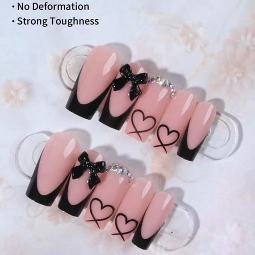 CTTHNBD Medium Press on Nails Coffin - Black French Tip Fake Nails with Bow Charms Design - Heart False Nails Press ons - for Women 24 Pcs
