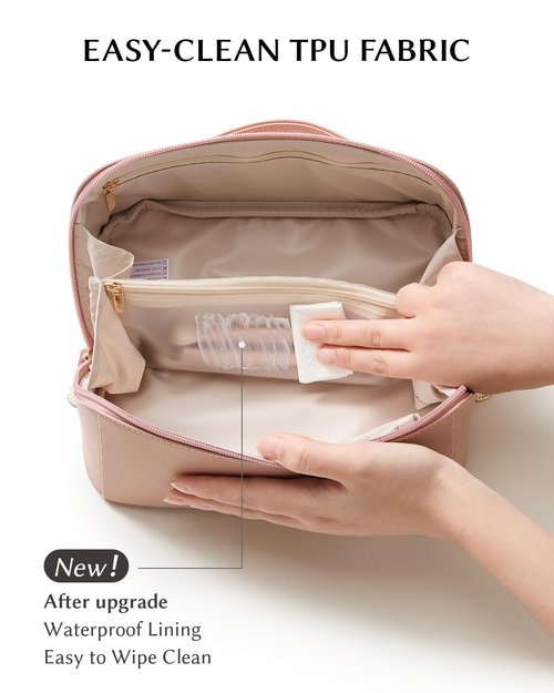 EACHY Travel Makeup Bag,Large Capacity Cosmetic Bags for Women,Waterproof Portable Pouch Open Flat Toiletry Bag Make up Bag with Divider and Handle