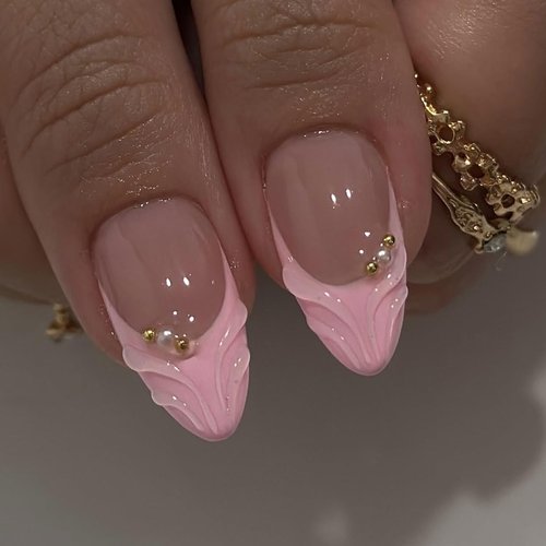 LPOODDNU 3D Pink Press on Nails Almond - Medium French Tip Fake Nails with Embossed Flower&Gold Bead Designs, Glossy Finish Reusable False Nails with Glue Tabs - 24Pcs Nail Kit for Women Manicure