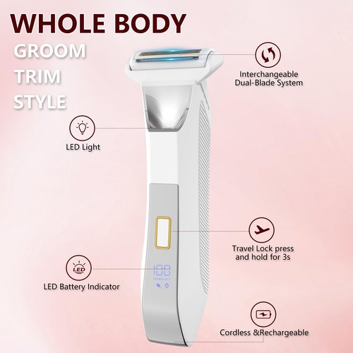 2-in-1 Electric Bikini Trimmer for Women, Dual Head Shaver for Body & Pubic Hair, Painless Smooth, No-Nick Shaving, IPX7 Waterproof, Lightweight with Travel Lock, LED Display