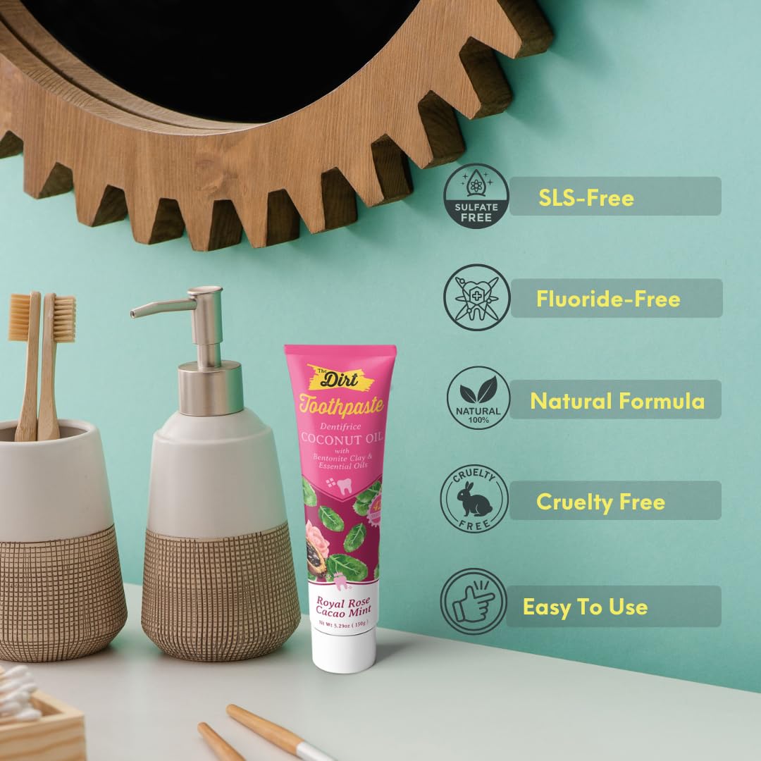 THE DIRT Coconut Oil Toothpaste - Fluoride & Gluten Free - Natural Oral Care for a Refreshing Smile - Rose Cocao Mint Flavor (150g: 6 Months Supply)