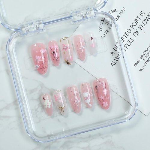 30Pcs Pink Flower Press on Nails Medium Almond Fake Nails Peach Blossom with 3D Rhinestones Pearl Gold Glitter Design Artificial Cute Cat Nails Stick on Nails Spring False Nails for Women Acrylic Nail