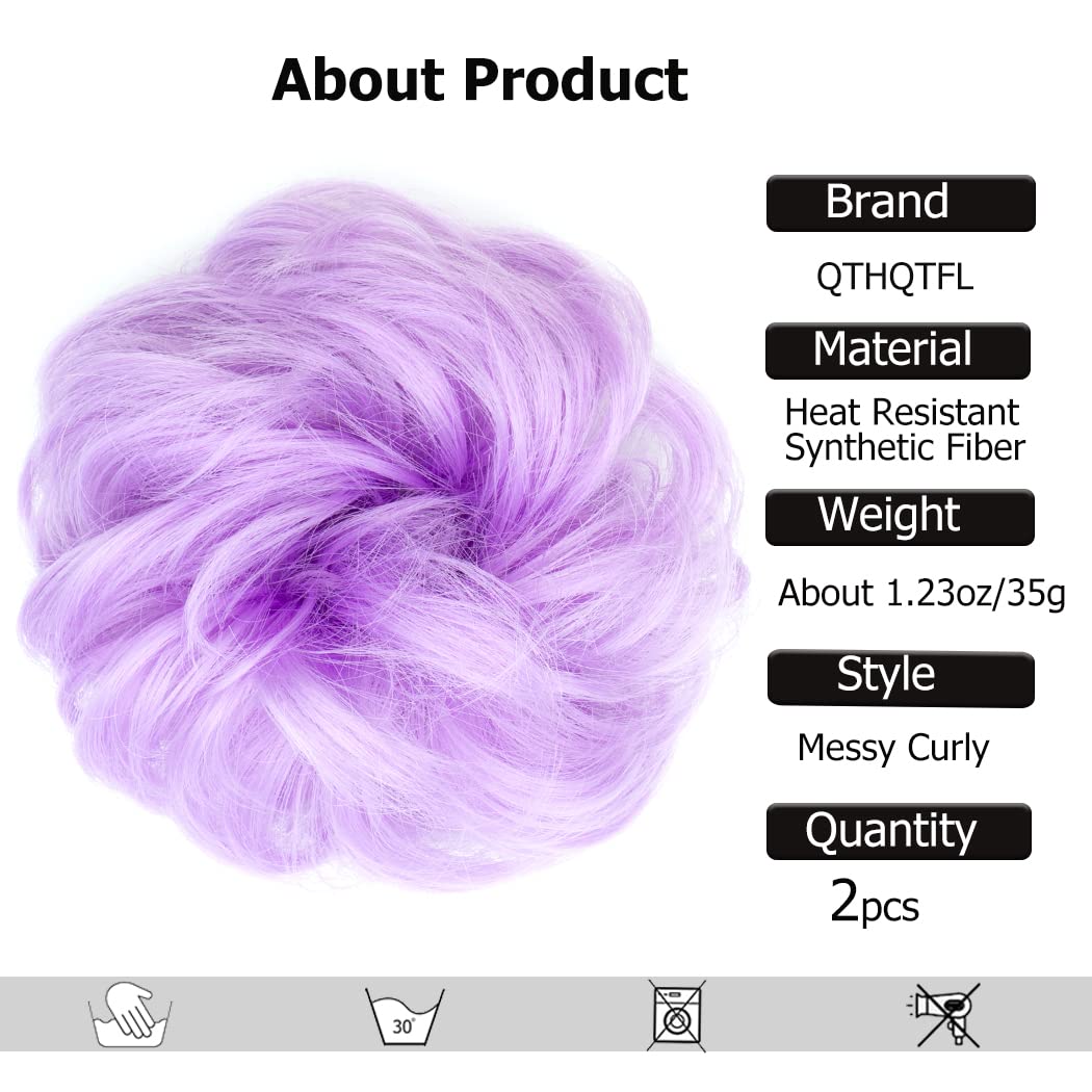 QTHQTFL 2pcs Messy Bun Scrunchie Hair Pieces - Elastic Rubber Band Curly Wavy Synthetic Ponytail Extensions for Women Girls (Light Purple)
