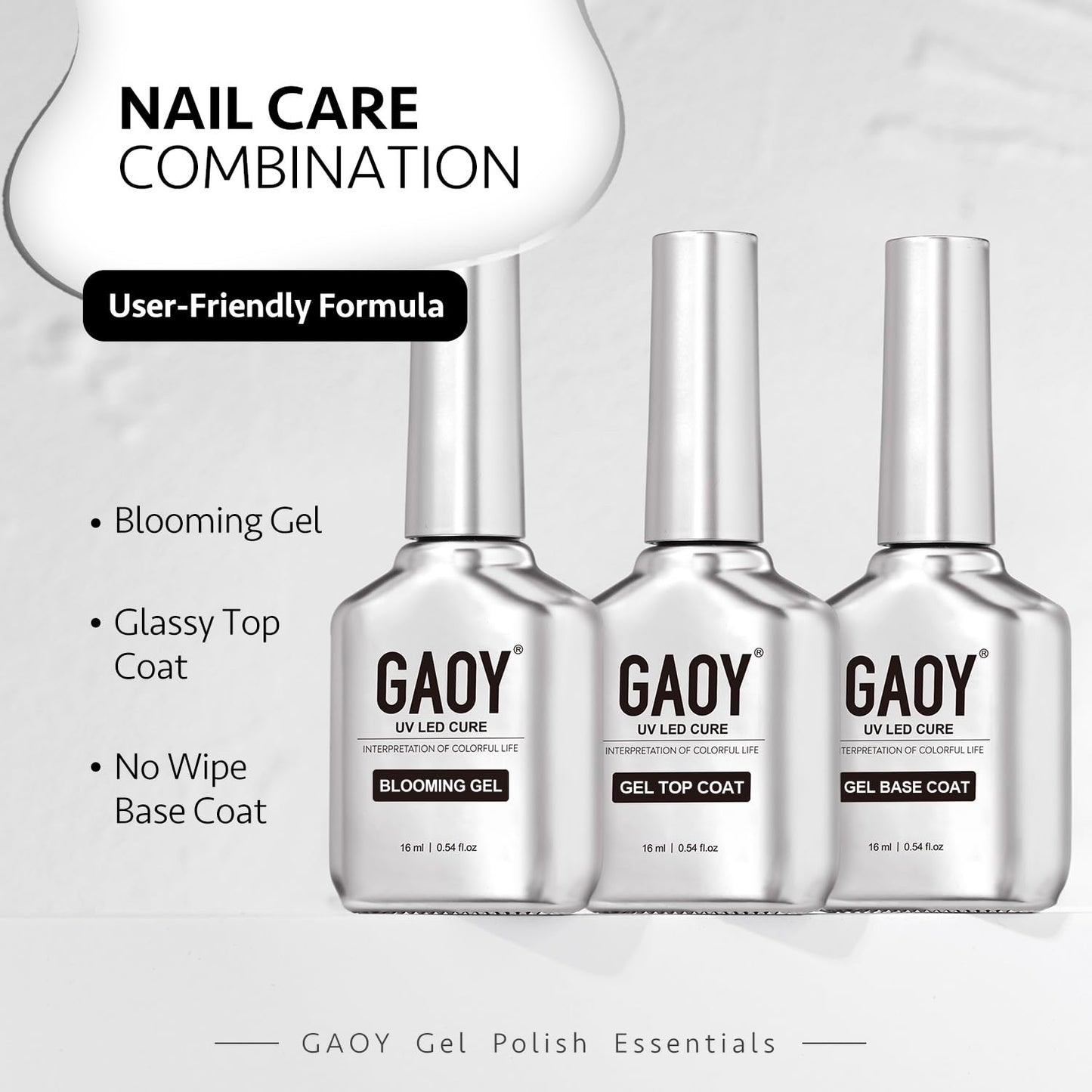GAOY Gel Top Coat, Blooming Gel and Base Coat Set, 3 Pcs 16ml Clear Glossy No Wipe Combination for UV Light Cure Gel Nail Polish