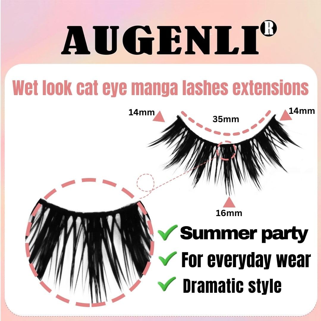 AUGENLI 10Pairs Wet Look Manga Lashes Cat Eye Lashes Extensions 16mm Cute Look Lashes, Japanese Manhua Styles Faux Mink Eyelashes for Everyday Wear or Costume Parties (H01)