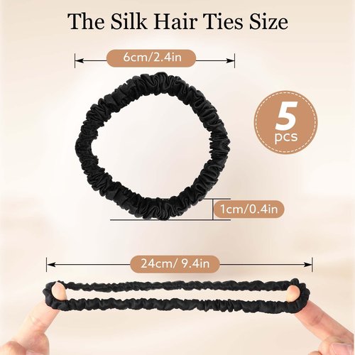 5 Pcs Silk Hair Ties, 100% Pure Mulberry Silk Hair Scrunchies Black Skinny Scrunchies Silk Ponytail Holders for Women Girls